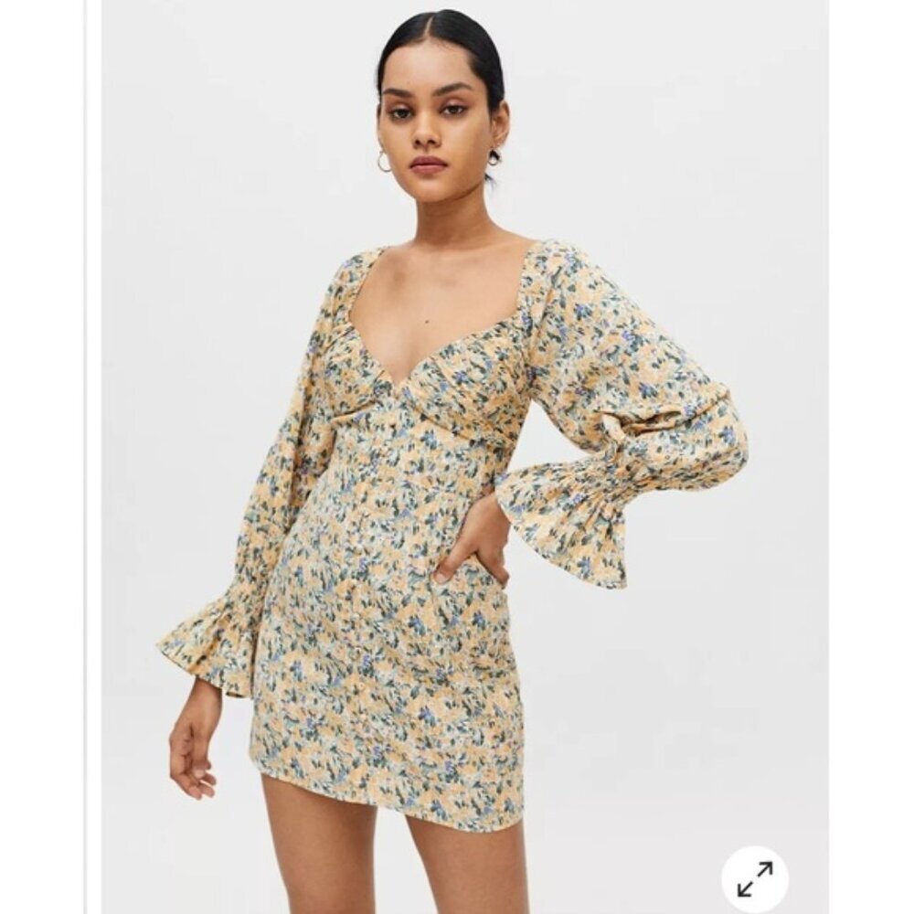 Kiss The Sky Floral Bardot Smocked Boho Dress Flute Sleeve Flowey Sweetheart XL
